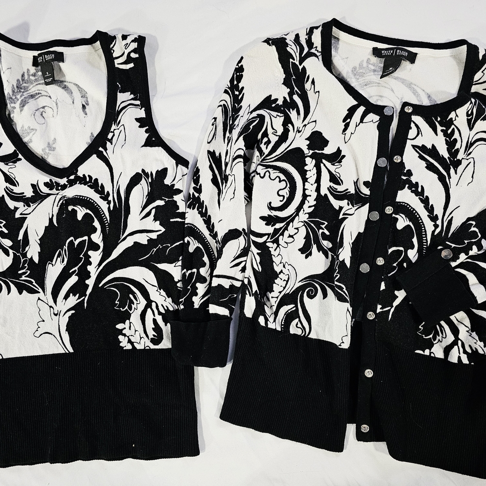 White & Black Floral Cardigan + Tank Set